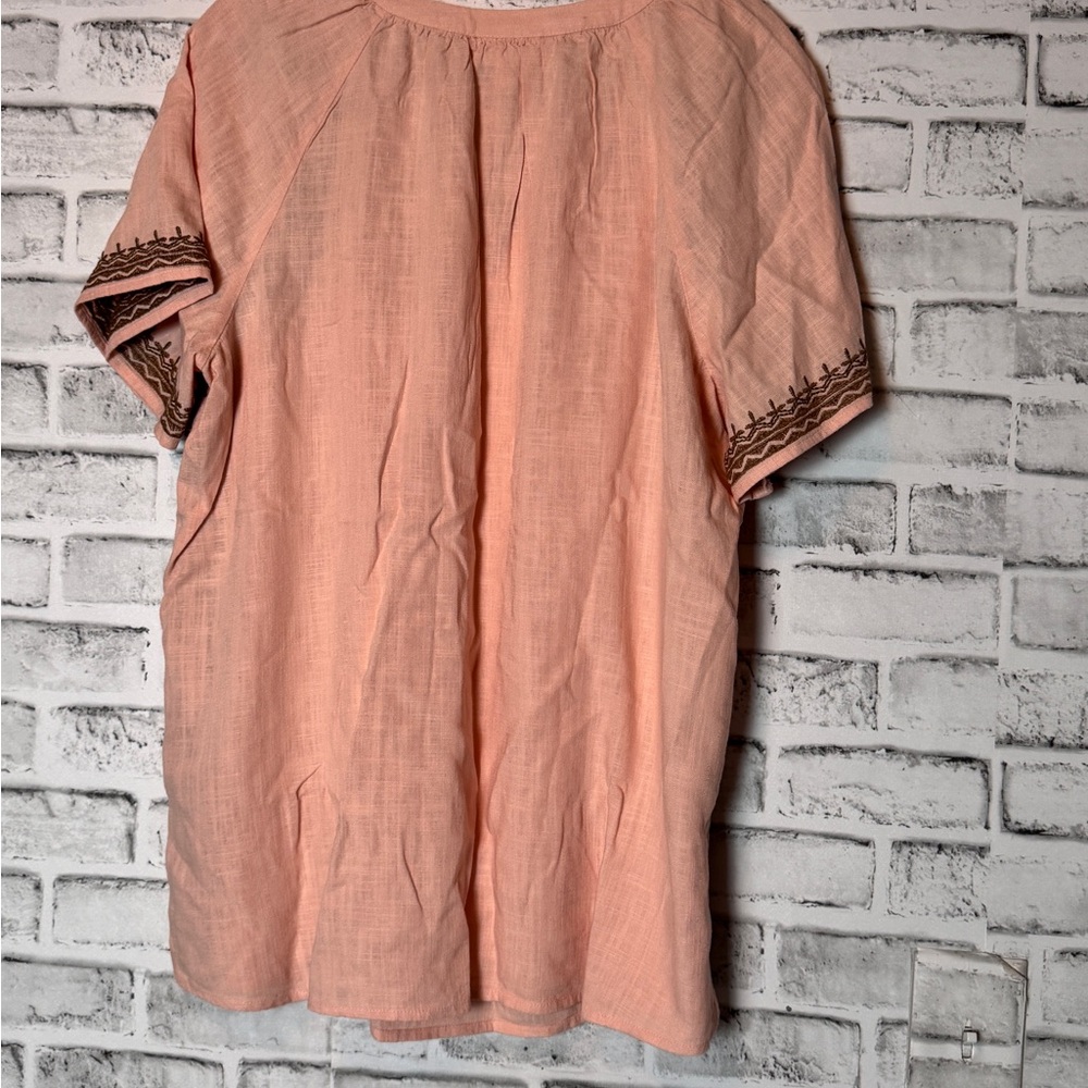 J. Jill Peach short Sleeve top‎  Relaxed Boxy Style with embroidery linen blend - Picture 4 of 9
